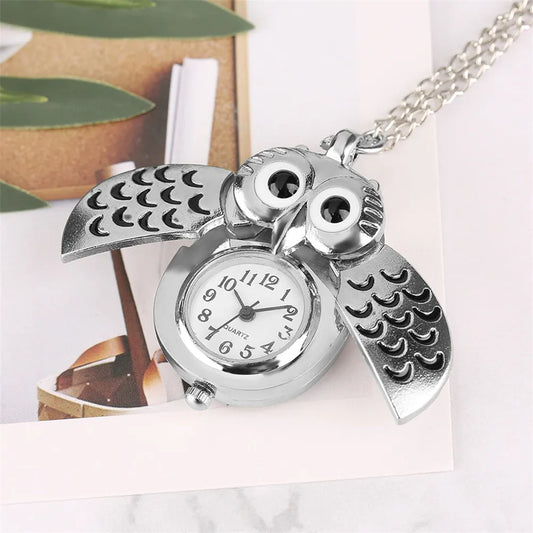 Luckacco Tiny Cute Owl Shaped Pendant Necklace Pocket Watch for Kid Men Women Retro Quartz Pocket Clock Gifts Arabic Numerals Dial