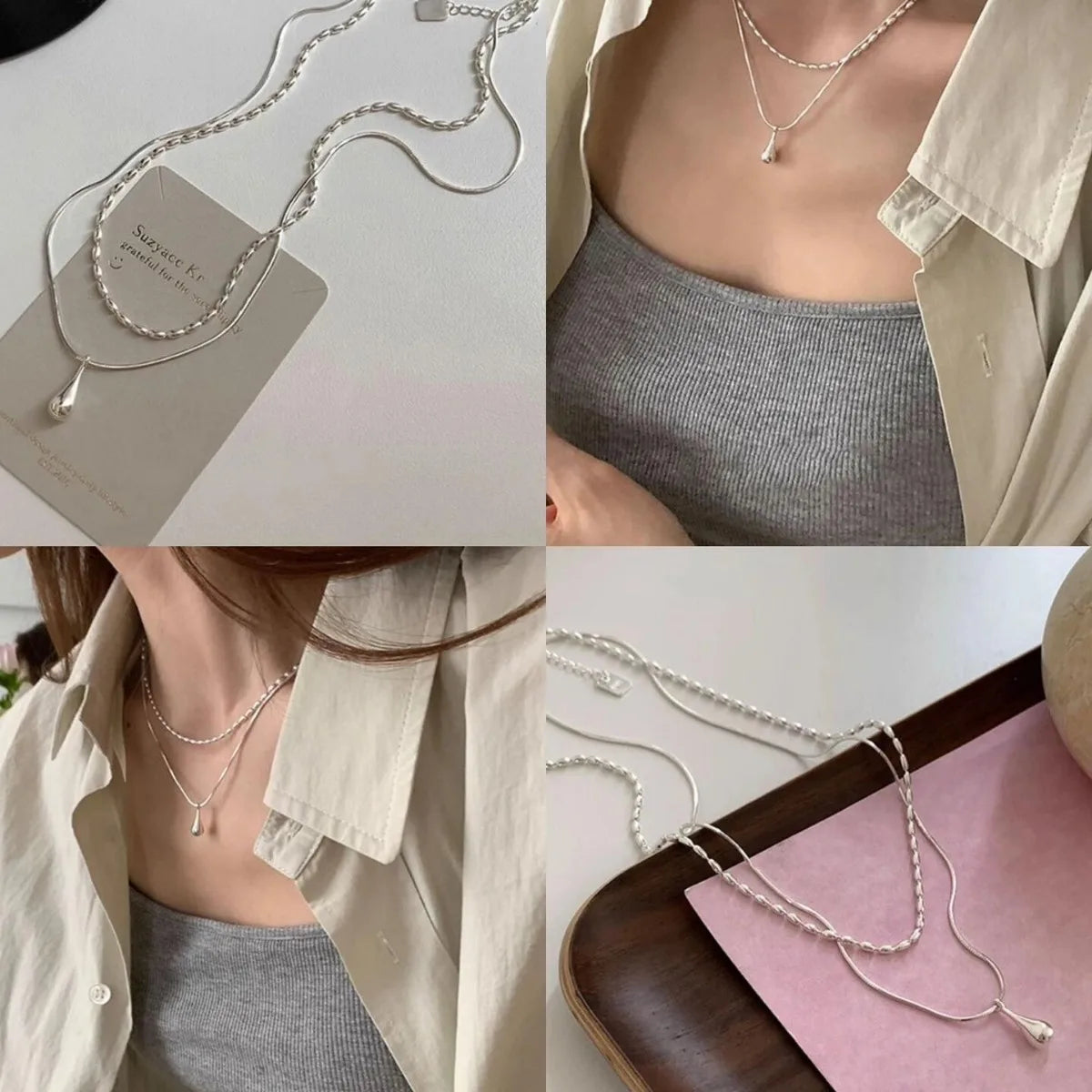 luckacco 925 sterling silver simple design drop pendant necklace for women double collar chain fashion fine jewelry gifts