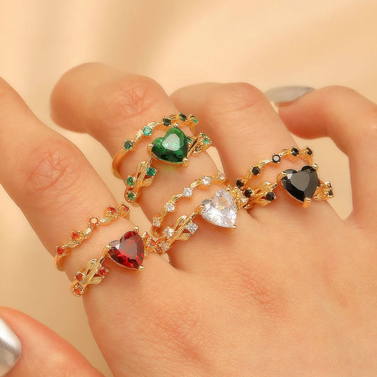 Luckacco Vintage Double Crystal Heart Ring Jewelry 2025 Trending New Fashion Zircon Heart Set Rings For Women Jewellery Anel Bague Gifts
