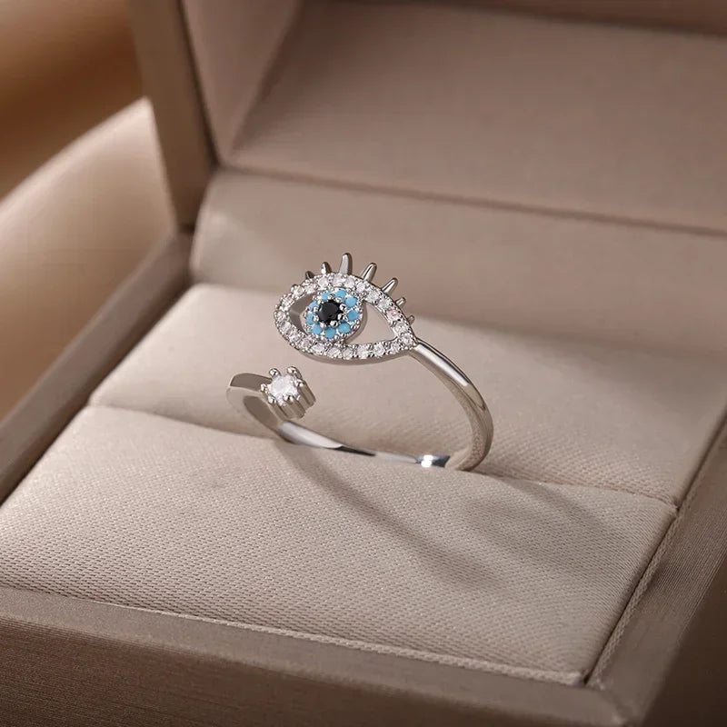 luckacco fashion silver plated evil eye rings for women vintage stainless steel turkish lucky demon eye couple ring emo jewelry