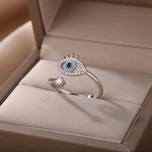 Luckacco Fashion Silver Plated Evil Eye Rings for Women Vintage Stainless Steel Turkish Lucky Demon Eye Couple Ring Emo Jewelry