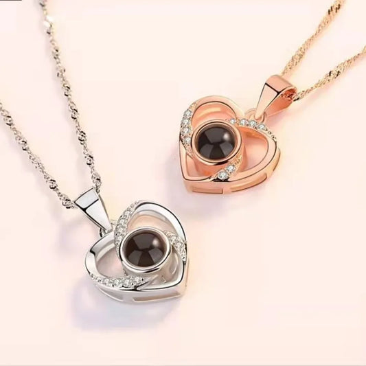 Luckacco Valentine's Day Gift Projection 100 Languages Necklace Simple Heart Shaped Projection Necklace Birthday Lover Family Memory Gift
