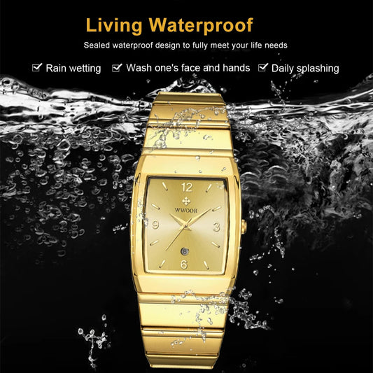 Luckacco Relogio Masculino WWOOR New Man's Square Watch For Men with Automatic Date Luxury Stainless Steel Gold Mens Quartz Wrist Watches