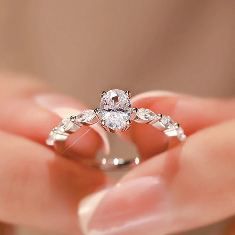 luckacco new 925 silver color oval ring women exquisite fashion metal inlaid aaa zircon stones wedding ring engagement fine jewelry