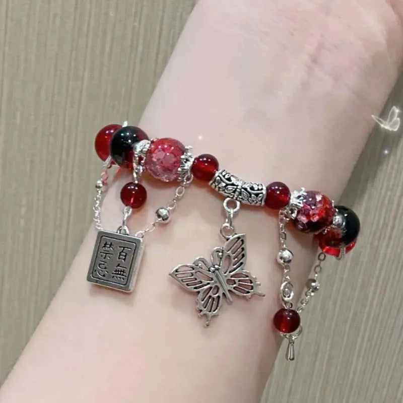 luckacco 2024 new trendy red crystal beaded bracelets for women simple tassel handmade beads fox pendant bracelets jewelry accessories
