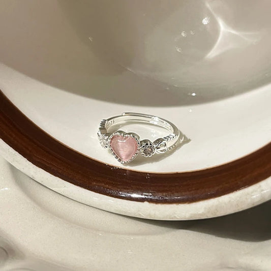 Luckacco Vintage Silver Color Ring Pink Heart Opal Creative Finger Ring Aesthetic Cute Punk Rings for Women Charm Jewelry Accessories