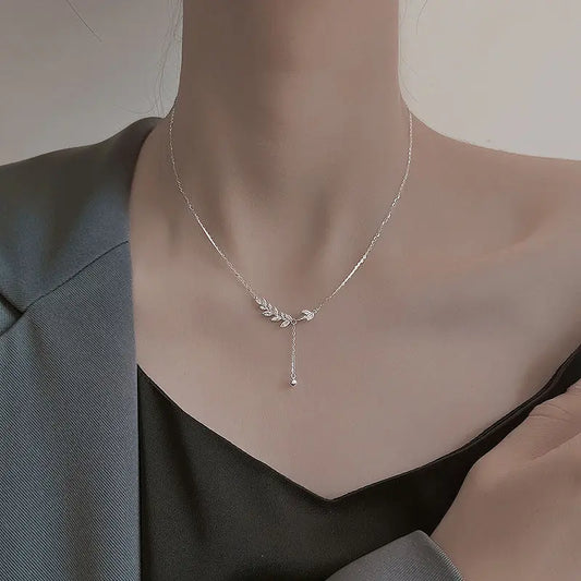 Luckacco 925 Sterling Silver Tree Branch Necklace Simple Charm Zirconia Botanical Pendant Choker Birthday Party Gift Ladies Fine Jewelry