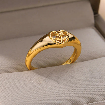 Luckacco Sunflower Heart Rings For Women Gold Color Stainless Steel Ring Female Engagement Wedding Party Finger Jewelry Gift 2024 Trend
