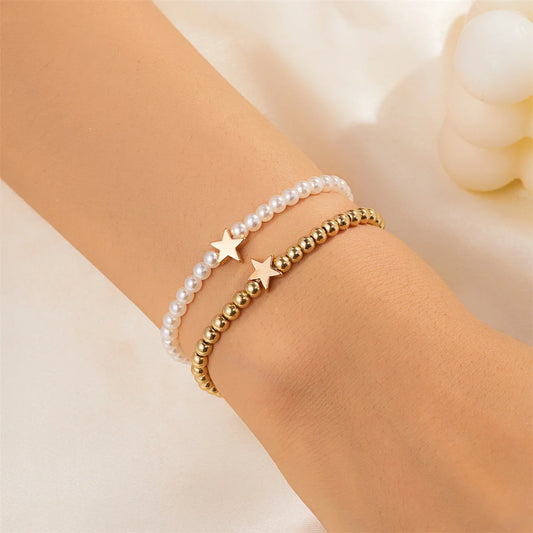 Luckacco Double Layer Minimalist Love Heart Gold Color Imitation Pearl Beaded Bracelets For Women Men Retro Cross Star Bangles Jewelry