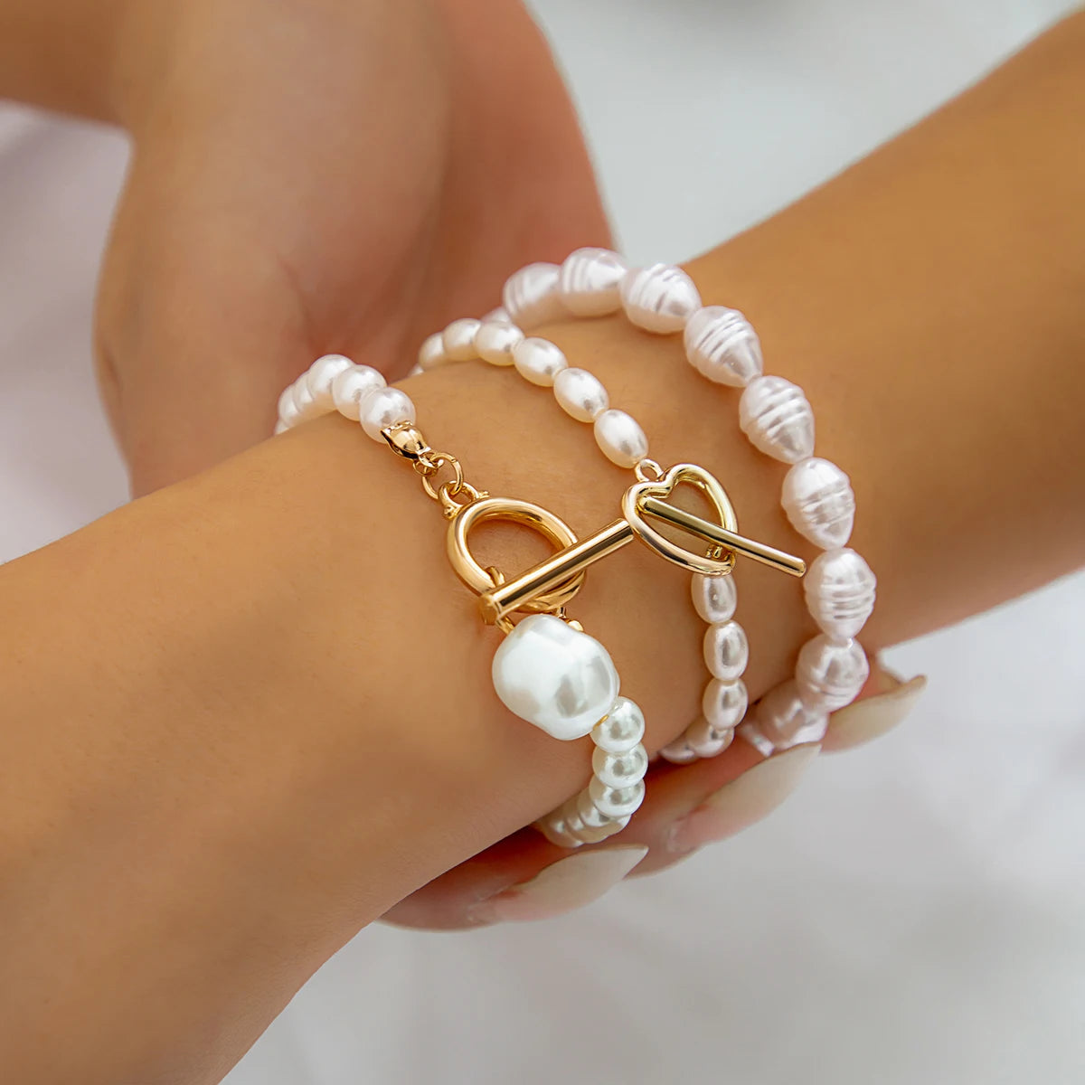 luckacco vintage imitation pearl heart ot buckle pendant bracelet for women wed bridal bead chain bangles couple hand jewelry new
