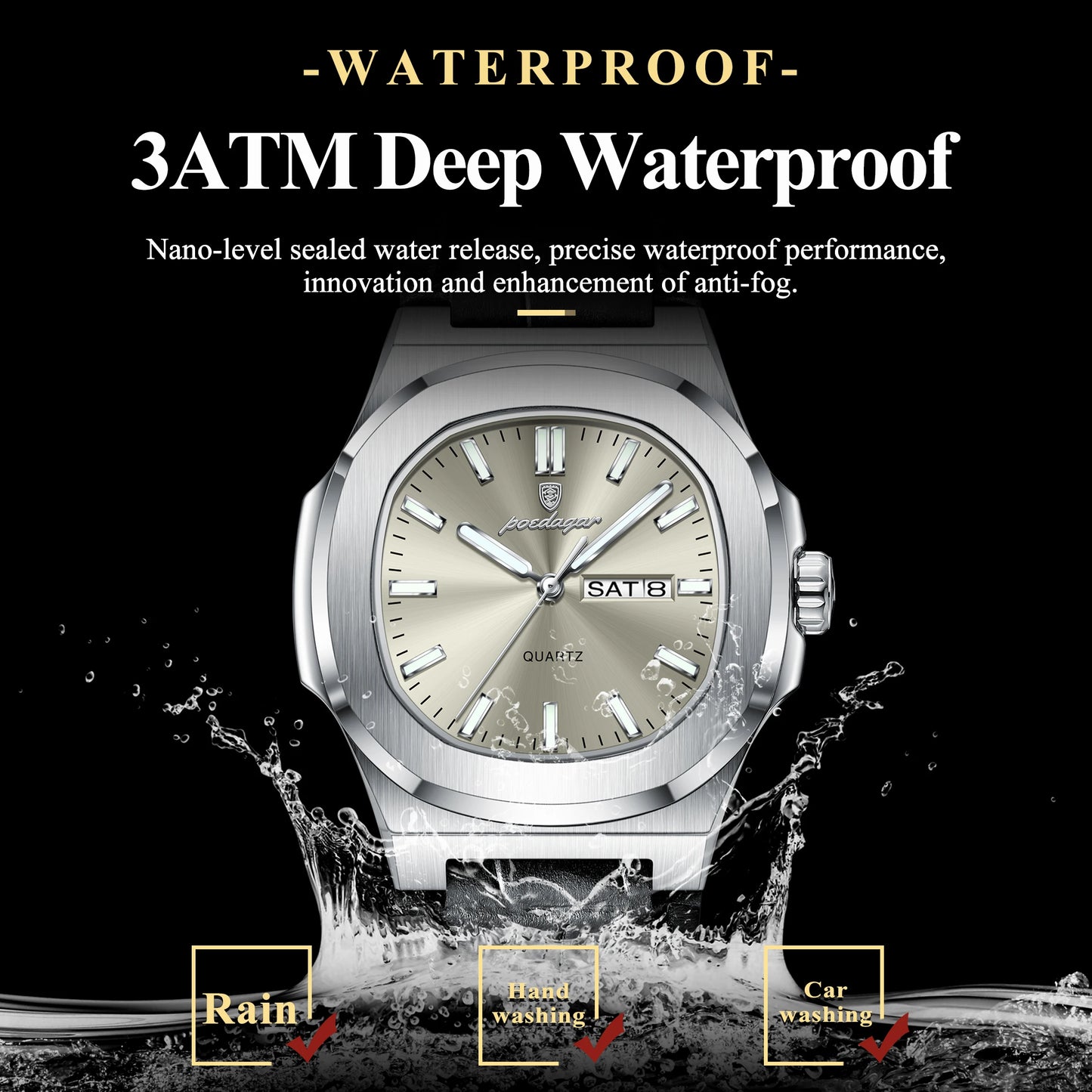 luckacco poedagar high quality watch for men luxury luminous waterproof week calendar man clock leather square men's quartz watches reloj