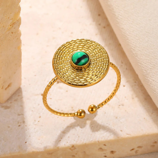 Luckacco Stainless Steel Rings Natural Stone Lucky Jewelry Round Sun Vintage Gold Color Ring For Women Anniversary Gift New Female Male
