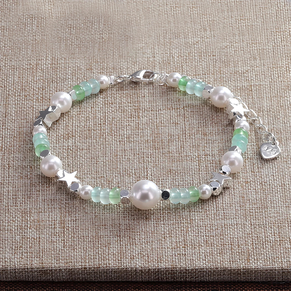 luckacco ventfille 925 sterling silver 6mm shell pearl glass bead star bracelet for women gift crushed silver jewelry