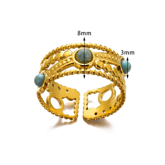 Luckacco Vintage Turquoise Wide Ring for Women Gold Color Stainless Steel Wheat Ear Adjustable Open Ring Fashion Party Jewelry Gift