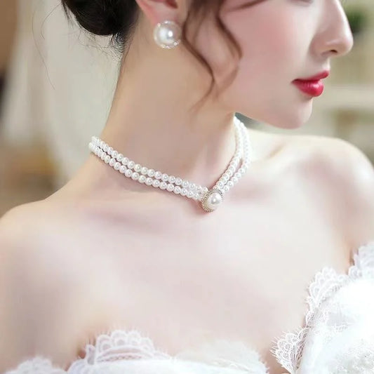 Luckacco New Baroque Pearl Choker Necklace For Women Luxury Wedding Party Triple-layer Beaded Necklace Torques Ladies Trendy Jewelry Gift