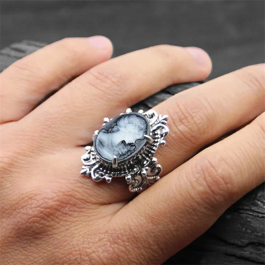 Luckacco Vintage 6 Colors Lady Queen Cameo Rings For Women Antique Silver Plated Flower Plant Pink Cameo Ring Fashion Jewelry