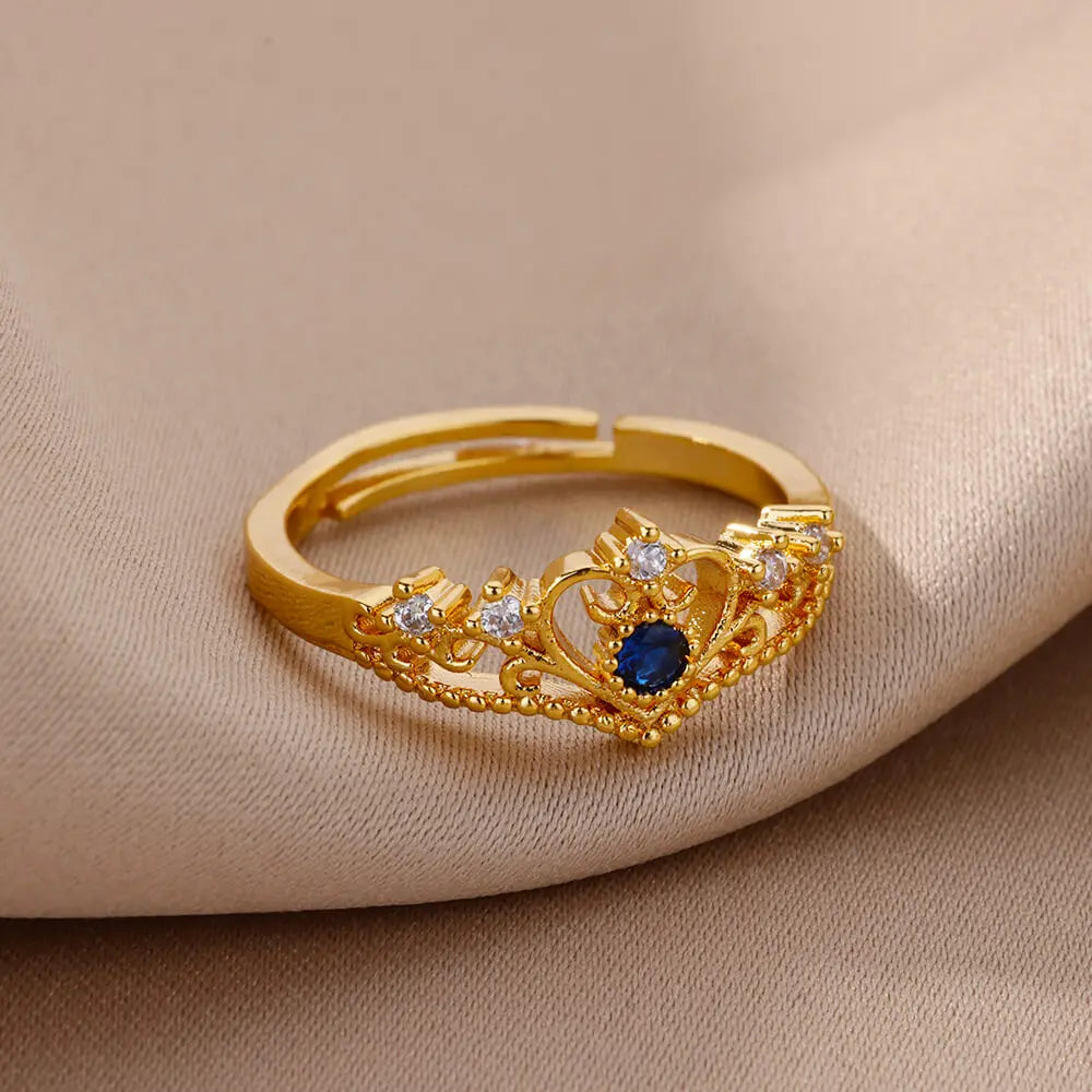 luckacco blue zircon crown rings for women stainless steel adjustable crown ring 2023 trend design female wedding jewerly