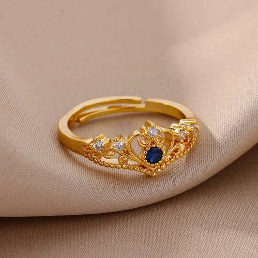 Luckacco Blue Zircon Crown Rings For Women Stainless Steel Adjustable Crown Ring 2023 Trend Design Female Wedding Jewerly