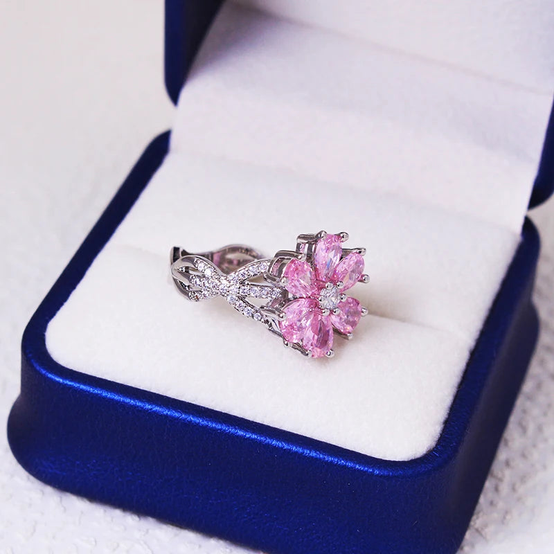 luckacco 2023 exquisite zircon women's ring pink flowers lady engagement ring party jewelry peach blossom ring fashion jewelry for women