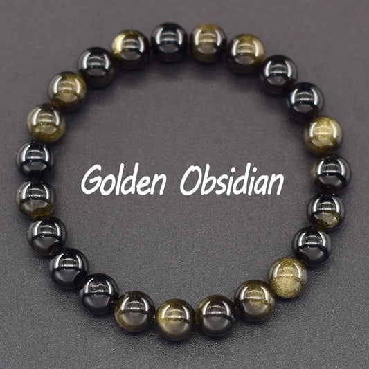 Luckacco Natural Golden Obsidian Stone Beads Bracelet Men Women Golden Light Rainbow Obsidian Tourmaline Wealth Money Round Jewelry Gift