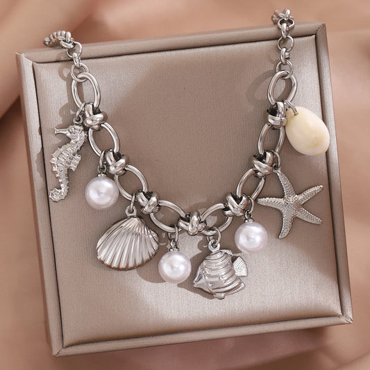 Luckacco Starfish Conch Imitation Pearl Women Stainless steel Necklace Sun and Moon Pendant  Summer Beach Vacation Y2K Fashion Jewelry