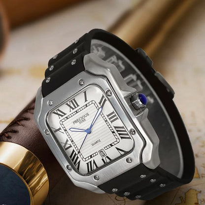 Luckacco 2025 Men's Luxury Square Quartz Watch Stainless Steel Rubber Band Roman Numeral Calendar Watch British Brand Watch