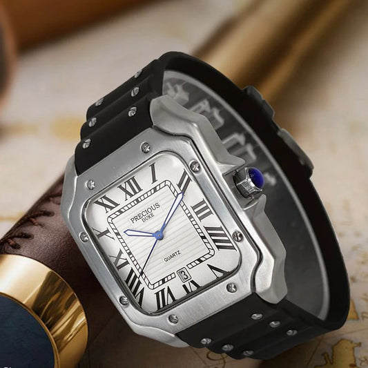 Luckacco 2025 Men's Luxury Square Quartz Watch Stainless Steel Rubber Band Roman Numeral Calendar Watch British Brand Watch