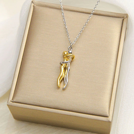 Luckacco FTCY Stainless Steel Couple Hugging Necklace Pendant for Women Men Gold Silver Color Couple Love Chain Friend Gift Party Jewelry