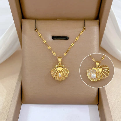Luckacco picks French Shell Pearl Necklace For Women Gold Color Stainless Steel Zircon Love Heart Clavicle Chain Choker Wedding Jewelry