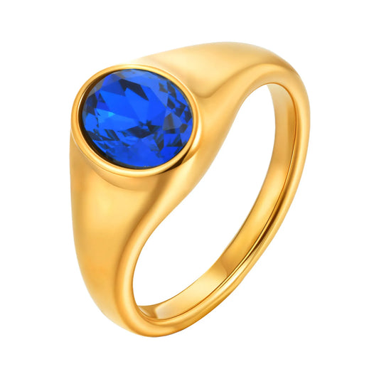 Luckacco Colorful Zircon Seal Ring For Women, 316L Stainless Steel Green Black Blue Red White CZ Rings, Gold Plated Engagement Jewelry