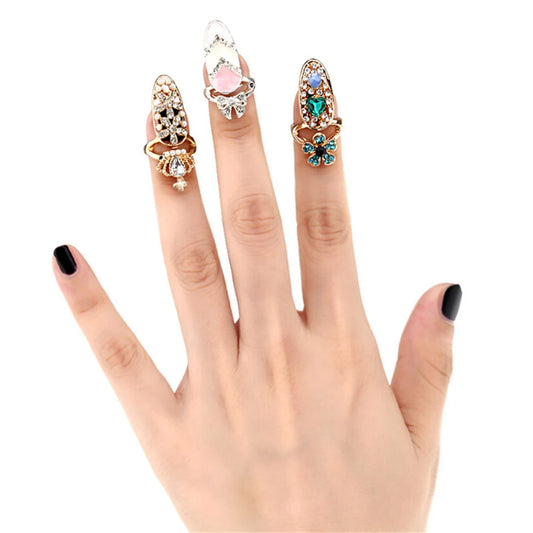Luckacco Fashion Rhinestone Crown Flower Nail Ring Adjustable Opening Gold Plated Manicure Joint Ring for Women Party Jewelry