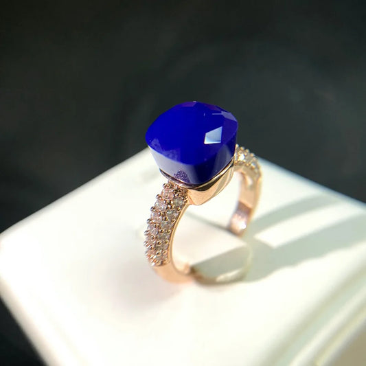 Luckacco Hot Candy Square Ring Inlay Zircon Colorful Crystal Ring For Women Party Fashion Jewelry Gold Plated Blue Topaz Ring Gift