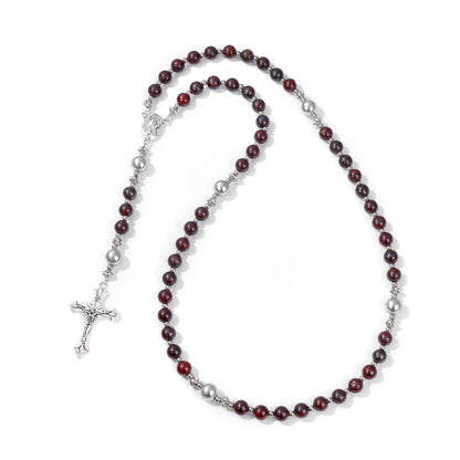 Luckacco Catholic Jesus Cross Bracelet Men Religious Prayer Rosary Bangle 50CM Natural African Turquoises Lava Gem Stone Bead Bracelet