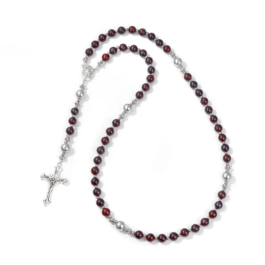 Luckacco Catholic Jesus Cross Bracelet Men Religious Prayer Rosary Bangle 50CM Natural African Turquoises Lava Gem Stone Bead Bracelet