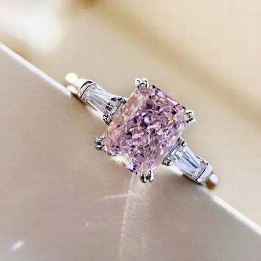 Luckacco Style Pink Sparkling Zircon Princess Square Engagement Ring for Ladies and Girlfriends Luxury Proposal  Gift Fashion Jewelry