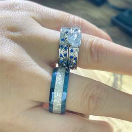Luckacco Fashion Couple Rings Romantic Women Heart Zircon Stone Rings Set Men's Blue Stainless Steel Ring Wedding Party Jewelry Gifts