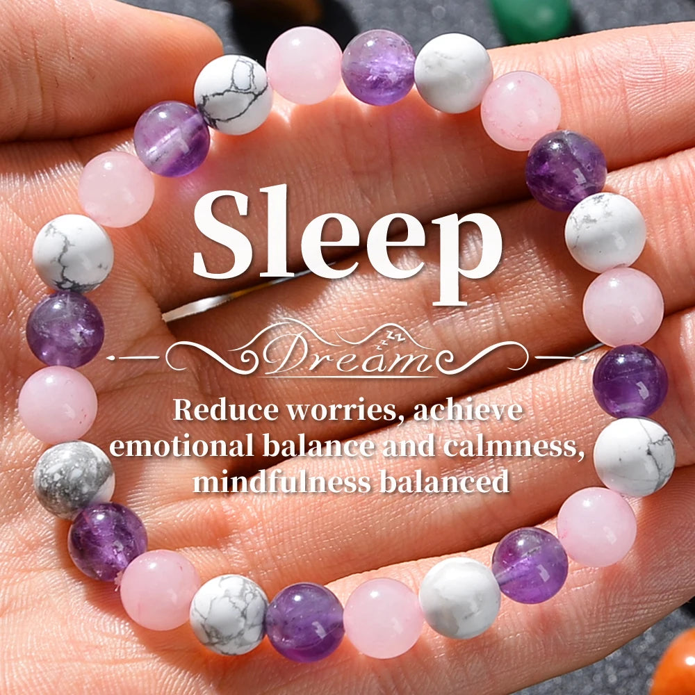 luckacco 1pc fashionable aura balancing sleep bracelet, 8mm natural stone sleep bracelet - white turquoise - amethyst - rose quartz