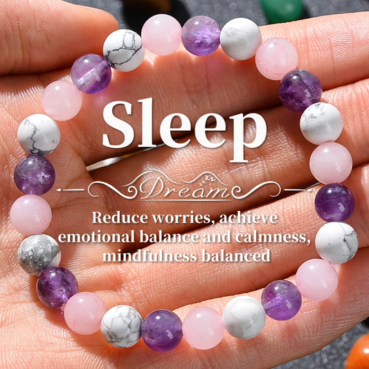 Luckacco 1pc Fashionable Aura Balancing Sleep Bracelet, 8mm Natural Stone Sleep Bracelet - White Turquoise - Amethyst - Rose Quartz