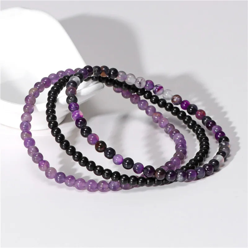 luckacco 3pcs amethysts purple agates elastic bracelets for women men natural stone tiger eye black onyx 4mm beads bracelet set jewelry
