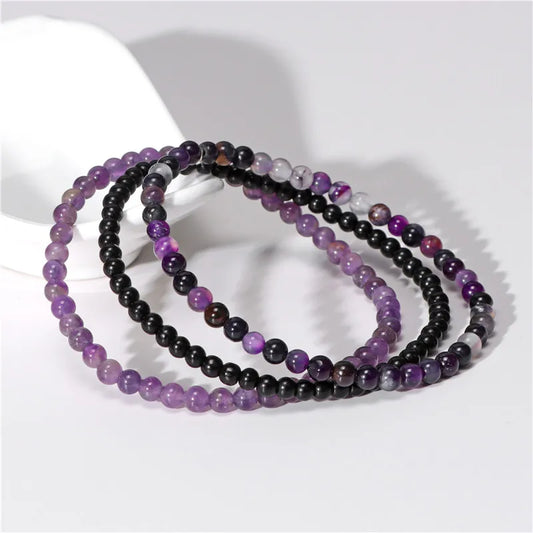 Luckacco 3pcs Amethysts Purple Agates Elastic Bracelets For Women Men Natural Stone Tiger Eye Black Onyx 4mm Beads Bracelet Set Jewelry