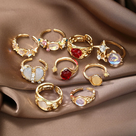 Luckacco Vintage Chic Geometric Stone Inlaid Ring Set for Women Simple Chunky Gold Color Geometric Rings Daily Wear Party Jewelry Gifts
