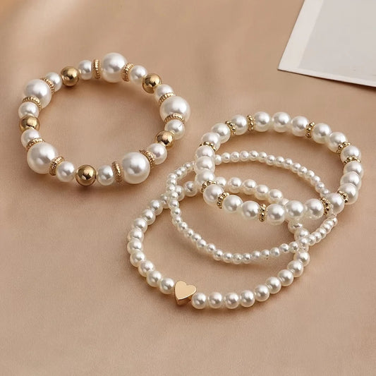 Luckacco 4pcs Unisex Fashion Simple Pearl Bracelet Set faux pearl