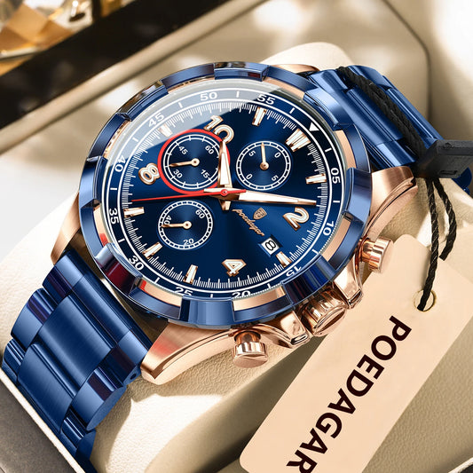 Luckacco POEDAGAR Trendy Men's Watch Luminous Waterproof Stainless Steel Male Watch Chronograph Date Sports Quartz Watches For Men Reloj