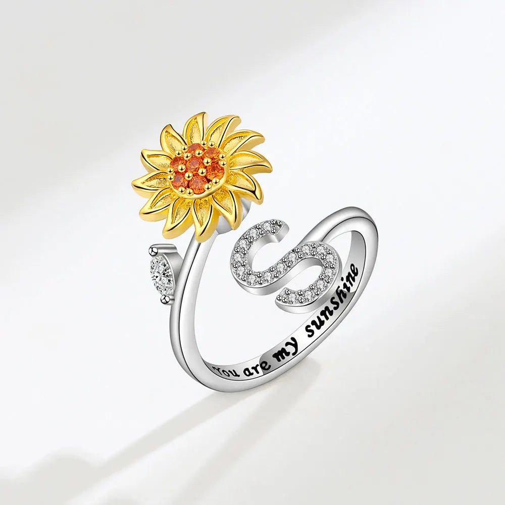 luckacco rotating sunflower initial letter rings for women anti anxiety spinner you are my sunshine stainless steel ring birthday jewelry