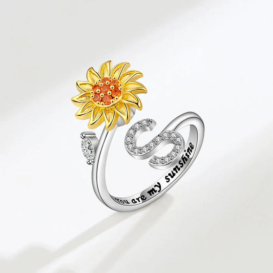 Luckacco Rotating Sunflower Initial Letter Rings For Women Anti Anxiety Spinner You Are My Sunshine Stainless Steel Ring Birthday Jewelry