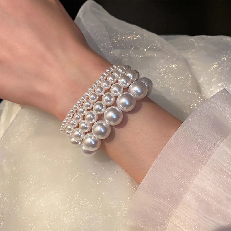 luckacco fashion elegant elastic white pearl bracelet for women men wedding banquet stretch bracelets 6-12mm beads handmade jewelry gift