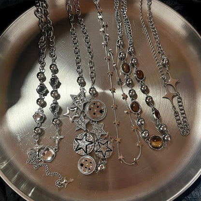 Luckacco Punk Retro Button Star Pendant Necklace Trendy Delicate Silver Color Unisex Choker Personalised Luxury Jewelry for Women
