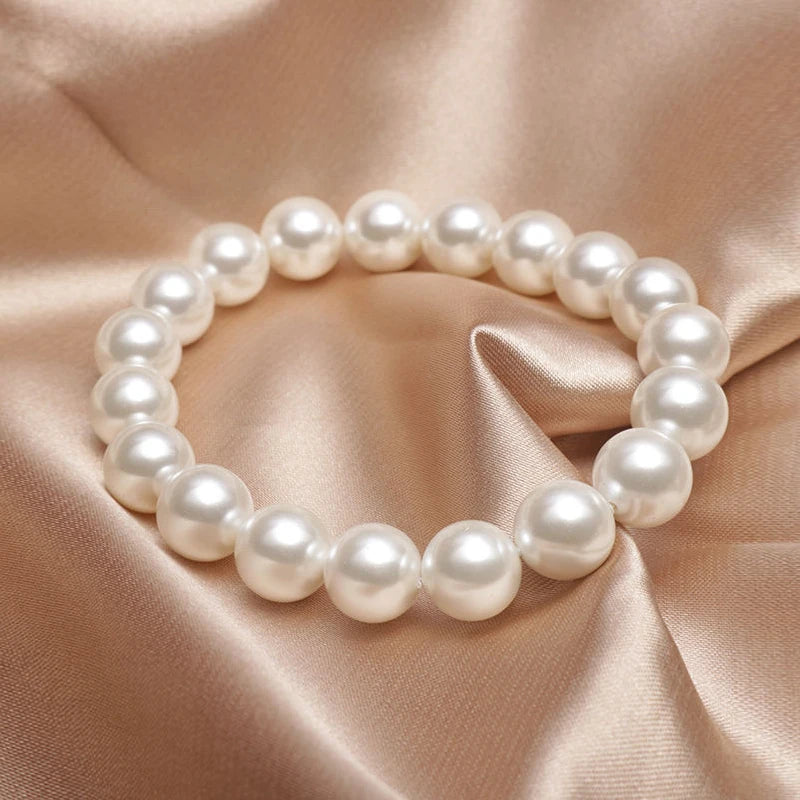 luckacco fashion elegant elastic white pearl bracelet for women men wedding banquet stretch bracelets 6-12mm beads handmade jewelry gift