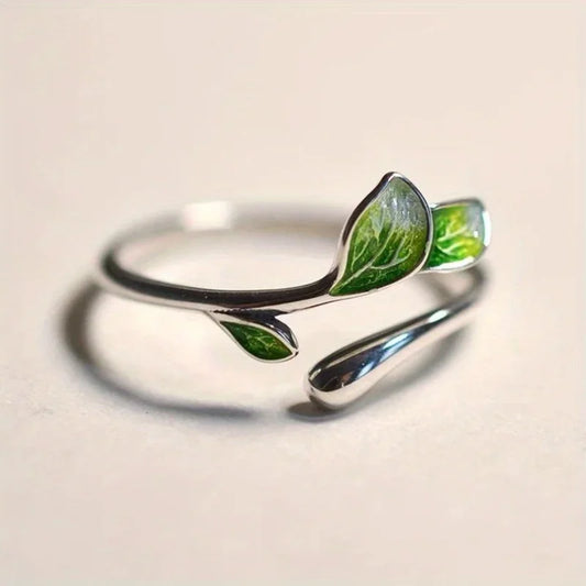 Luckacco Fashion Accessories Green Color Leaves and Twig Wrap Around Ring Silver Color Nature Inspired Fine Jewelry for Women Adjustable