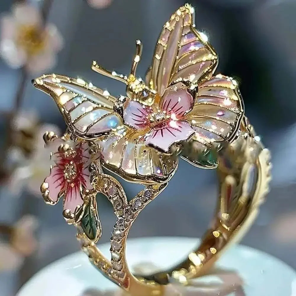 luckacco aesthetic flower butterfly rings for female romantic rhinestone stylish non-fading opening ring women wedding jewelry party gift